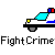 Animated pixel art sequence showing police car and officer interacting with a figure, with text labels changing from 'Fight Crime' to 'Shoot Back' across frames.