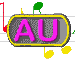 Animated contact sheet of a buddy icon showing sequential frame changes with pink text "AU" on gray background, surrounded by musical notes and green leaf shapes.