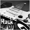Black-and-white pixelated image of a white electric guitar with visible frets, pickups, and control knobs, overlaid with text reading "Rock" and "All".