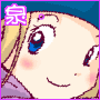 A pixelated anime-style character with blonde hair and blue eyes, wearing a blue headband and purple top, smiling with rosy cheeks.