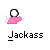 Pixelated icon shows pink hand holding white ball with black outline, text "Jackass" below; animation cycles between empty space and black flower-like symbol next to the hand.