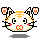 A 4-frame pixel art animation of a white cat-like mascot with orange stripes, black eyes, red cheeks, and yellow mouth details on a gray background.
