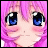 Pixelated anime-style face with pink hair and blue eyes, next to stylized text on a black background.