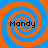 Four identical spiral patterns with alternating orange and blue colors, each containing the text 'Mandy' in black pixelated font.