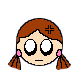 Pixelated cartoon head with brown pigtails, pink earrings, and large white eyes; left version has a black cross on forehead, right version does not.