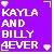 Pixelated purple background with white text reading 'KAYLA AND BILLY DEVER' and two small heart icons in corners.