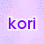 Pixelated purple text 'kori' on a light lavender background with scattered darker pixel clusters.