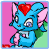 A 3x3 contact sheet of a blue cartoon character with pink ears and green wings holding red hearts in various poses against a pink background.