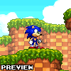Pixel art of Sonic the Hedgehog standing on a grassy platform with brown brick walls and blue sky background.