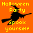 Orange background with yellow text 'Halloween Party' and 'Spook yourself' surrounding a black witch silhouette on a broomstick.