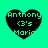 Four heart-shaped icons with green text on black backgrounds against a bright cyan backdrop, each displaying 'Anthony <3's Maria' in pixelated font.