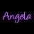 six 'Angela' text icons in varying neon colors on a black background, with one gray square visible at the bottom right