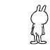 A cartoon rabbit character in a sequence of poses from standing to sitting, with variations in background lighting and color.