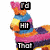 A colorful striped piñata with a yellow face and pink ears appears in four showing text changes on its body