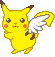 Pixelated yellow creature with brown-tipped ears and tail, red cheek circles, white wings on left side, standing in four distinct poses against gray background.