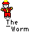 Pixel art character in red outfit with yellow accents performing sequential actions including standing, kicking, falling, and lying on side with glowing effects.