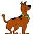 Pixelated static image of a brown dog with black patches standing in profile, wearing a green collar and red tag.
