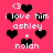 Pixelated pink background with repeated black heart symbols and white text reading 'i love him ashley + nolan' in multiple