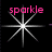 A static icon with a black background features a white starburst shape and pink text reading "sparkle" above it.