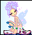Pixel art angel doll with purple hair and blue wings in two animation frames showing slight pose changes.