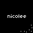 Black background with four instances of the text 'nicolee' in white pixelated font, each accompanied by a small cluster of white dots forming a curved pattern.