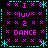 Pixel art icon with black background, cyan and magenta elements forming a symmetrical of text and symbols