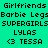 Static pixel displays repeated text labels 'Girlfriends', 'Barbie Legs', 'SUPERGIRLS', 'LYLAS', and '<3 TESSA' on a cyan background with orange highlight boxes