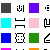A grid of pixelated icons featuring solid color squares and abstract black line symbols on white background.