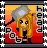 Pixelated cartoon-style icon featuring a female character with long blonde hair, green eyes, and red clothing against an orange-yellow gradient background with smoke effects.