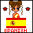 Pixel art contact sheet showing two frames of an animated Spanish-themed buddy icon with a cartoon girl and flag, stars changing from red to yellow between frames.