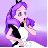 Animated sequence of a cartoon character with purple hair and black ears, wearing a white dress with black sleeves, performing hand gestures against a purple background.