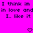 Bright pink background with black pixelated text repeating phrases and two pixelated heart symbols at the bottom.