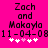 Pixelated text and symbols on a bright pink background with two side-by-side identical frames showing 'Zach and Mokayla 11-04-08' followed by five heart icons.