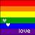 A 2x2 contact sheet of four animated frames showing a rainbow striped background with white heart icons and the word 'love' in pixelated text, where hearts alternate between solid white and gray across frames.