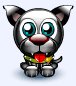 Animated cartoon cat with large blue eyes, red nose, and green collar with yellow dots; mouth alternates between open (tongue visible) and closed states.