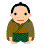 Pixelated character in brown top and green shorts with multiple facial expressions and head positions