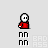 Pixel art character in red shirt with white skull face, multiple states including static, speech bubble, and bus collision animation.