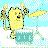 Animated contact sheet of a yellow cartoon character in a blue tub performing a drumming motion with a stick across 17 frames.