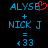 Pixelated blue text and symbols on black background with red heart symbol replacing 'E' in 'ALYSE' on left side.