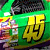 Animated contact sheet of a green race car icon with yellow number 45, showing motion blur and frame-by-frame animation changes across seven sampled frames.