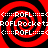 Red and black spiral pattern with white text repeating 'ROFL' and 'ROFLRocket' in pixelated font across four quadrants.