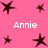 Pink background with multiple dark brown star shapes and repeated white text 'Annie' in pixelated font.