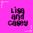 A static image with a bright pink background featuring six identical pixelated text blocks reading "Lissa and Casey" arranged in two of three, surrounded by white star-shaped decorations