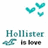 Four teal hearts float above a pixelated 'Hollister' text with 'In Love' below, one version includes a blue '<33' symbol.