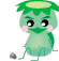 Pixelated green creature with large eyes, pink cheeks, and a leafy top headpiece in three poses against gray background.