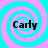 Four identical spiral patterns with alternating cyan and pink rings, each containing the text 'Carly' in black serif font.