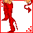 A 4x4 contact sheet of pixel art frames showing a character in red lingerie with devil horns, displaying various poses and text variations.