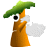 Pixelated character with large green hat, orange body, white wings, and single black eye on gray background.