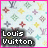 Pixelated icon with Louis Vuitton monogram pattern and text elements on a pink-bordered background.