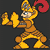 Pixelated character in orange and yellow armor with a red spiral on the head, holding a golden object, standing in a dynamic pose against a dark background.